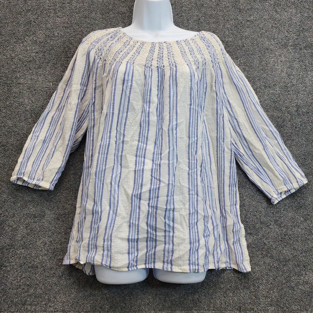 J.Jill Women's Striped Smocked Metallic Lurex Boho Coastal Peasant Blouse Top 2X